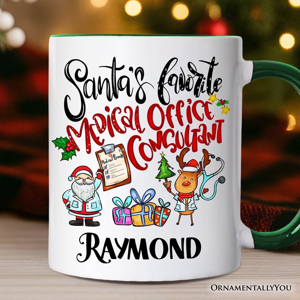 Santa's Favorite Medical Office Consultant Personalized Mug, Healthcare Christmas Gift with Custom Name Personalized Ceramic Mug OrnamentallyYou Green Handle Customized 