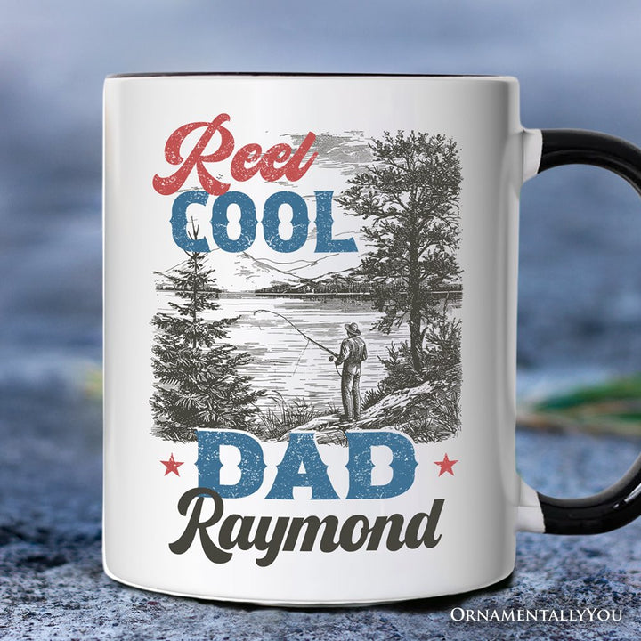 Reel Cool Dad Fishing Personalized Mug, Funny Vintage Fisherman Fatherhood Gift with Custom Name Personalized Ceramic Mug OrnamentallyYou White - Black Customized 