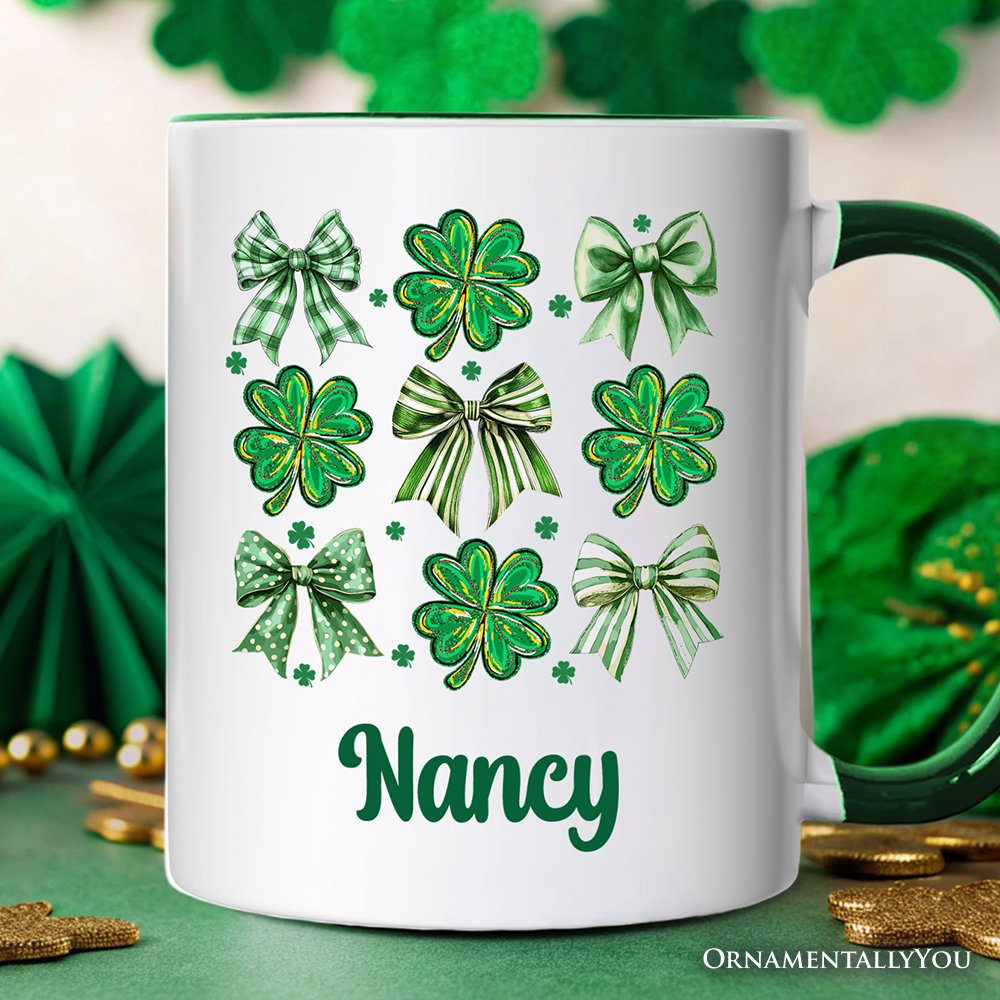 Coquette Clover Bows St Patrick’s Day Personalized Mug, Green Irish Lucky Shamrock Gift with Custom Name Personalized Ceramic Mug OrnamentallyYou White - Green Customized 