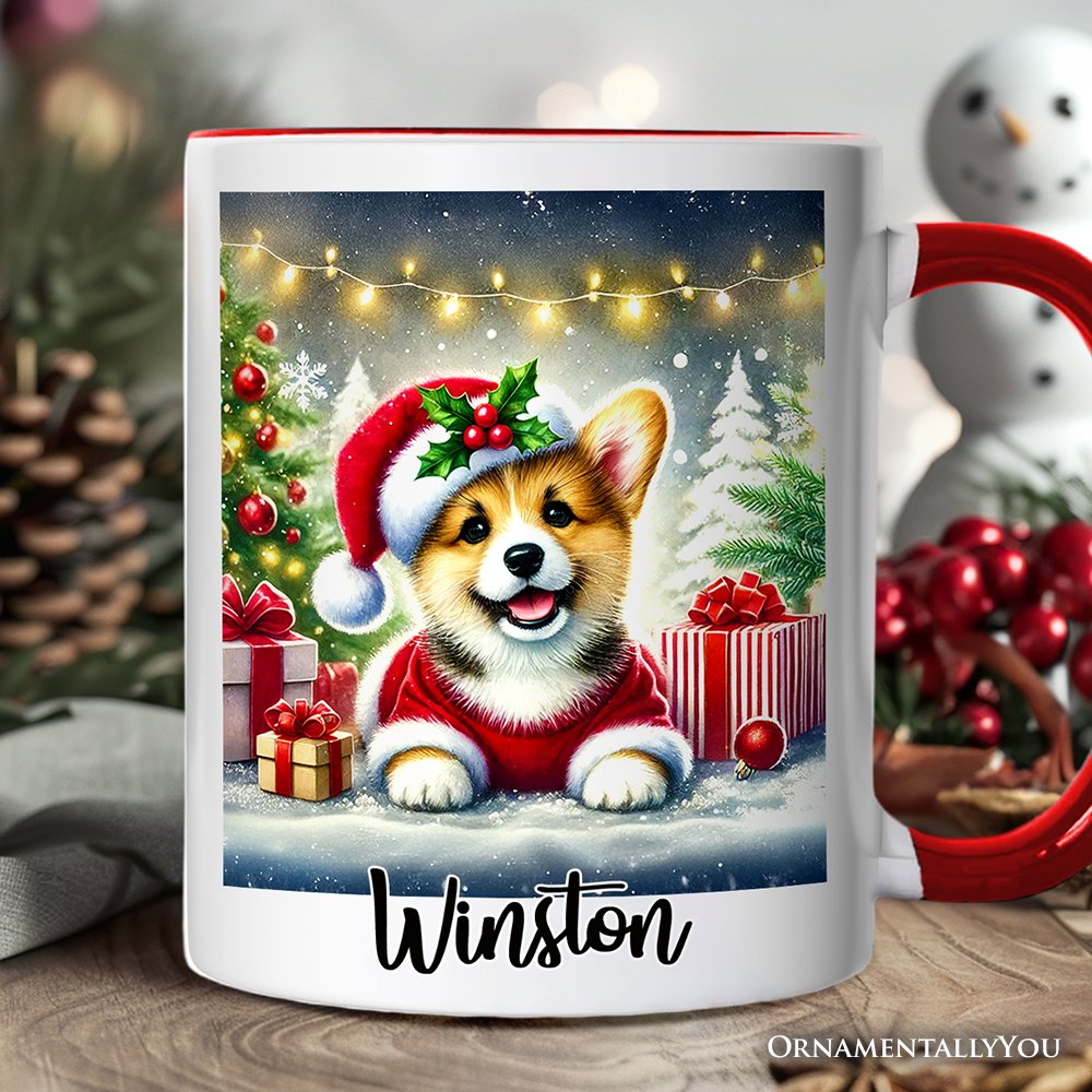 Adorable Welsh Corgi with Santa Hat Personalized Mug, Jolly Christmas Gift with Custom Name Personalized Ceramic Mug OrnamentallyYou White - Red Customized 