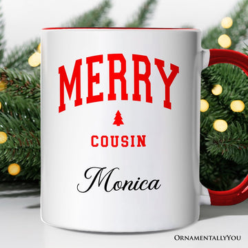 Merry Cousin Retro Christmas Personalized Mug, Matching Family Holiday Gift with Custom Name Personalized Ceramic Mug OrnamentallyYou White - Red Customized 