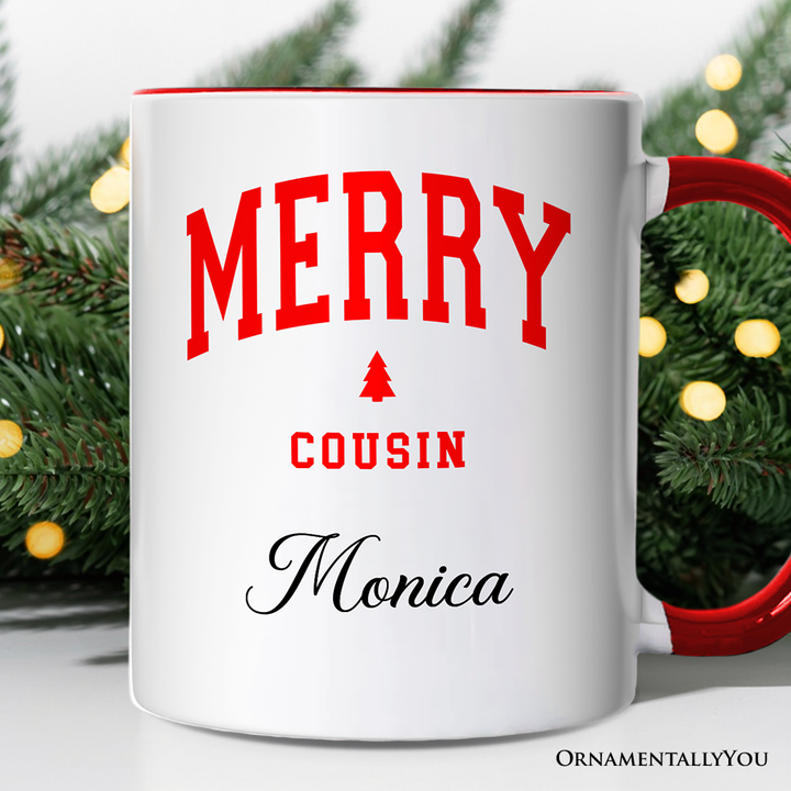 Merry Cousin Retro Christmas Personalized Mug, Matching Family Holiday Gift with Custom Name