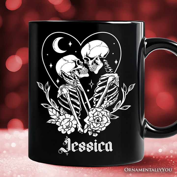 The Lovers Skeletons Personalized Mug, Spooky Gothic Couple Gift with Custom Name