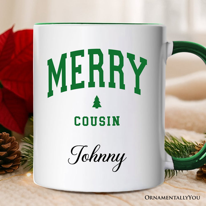 Merry Cousin Christmas Personalized Mug, Matching Family Holiday Gift with Custom Name Personalized Ceramic Mug OrnamentallyYou White - Green Customized 