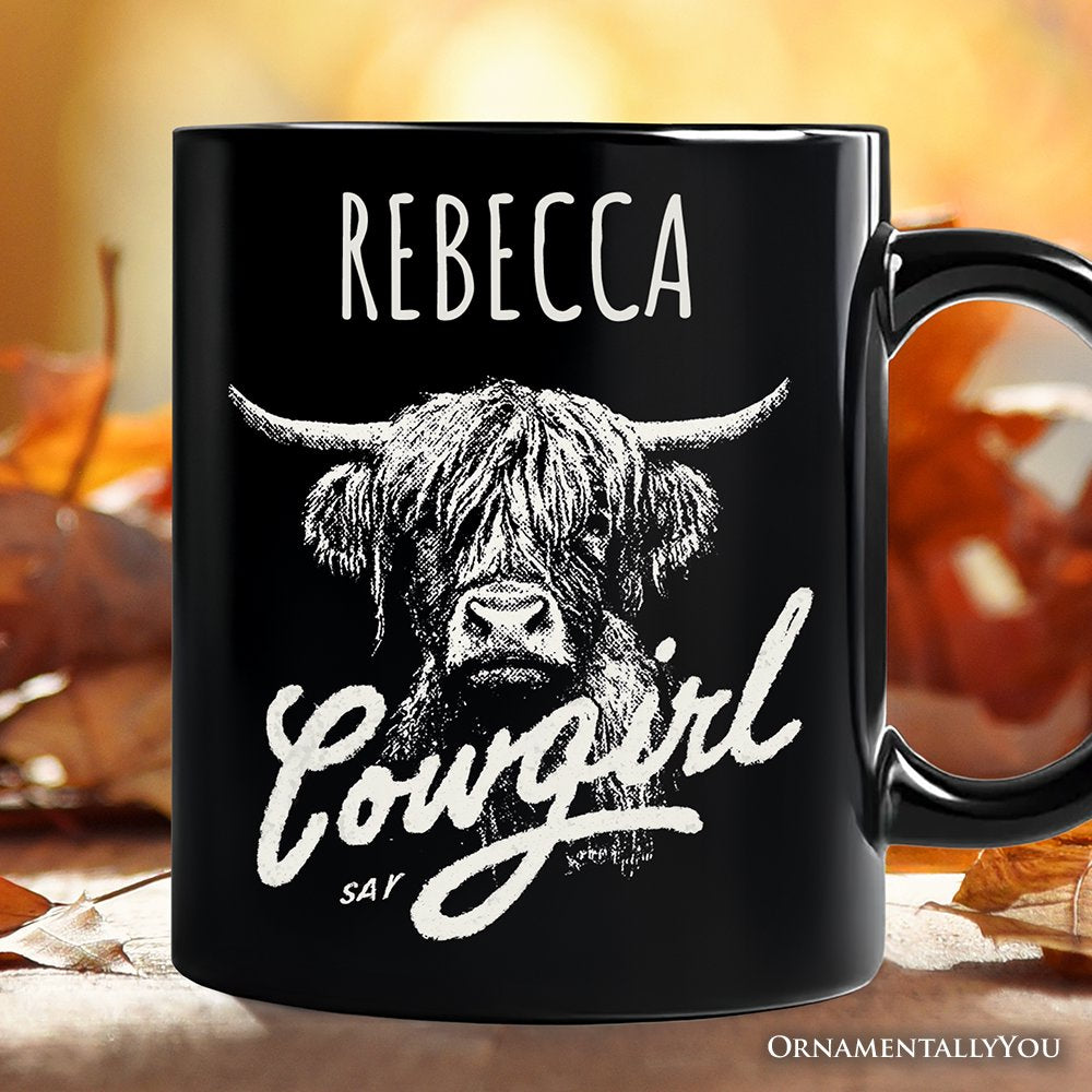 Highland Cow Vintage Cowgirl Personalized Mug, Western Country Gift with Custom Name Personalized Ceramic Mug OrnamentallyYou Black Customized 