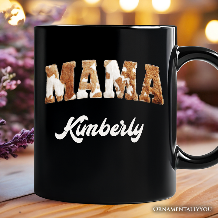 Cow Print Mama Western Personalized Mug, Faux Cowhide Mom Gift with Custom Name