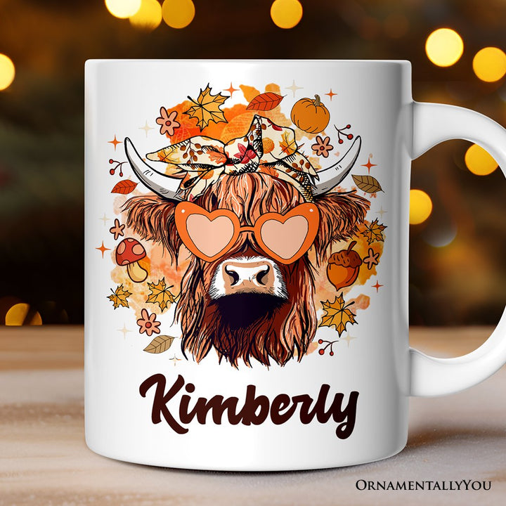 Fall Highland Cow Personalized Mug, Messy Bun Howdy Gift with Autumn Vibes and Custom Name Personalized Ceramic Mug OrnamentallyYou White Customized 