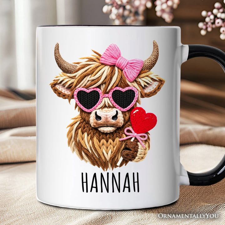 Highland Cow Faux-Yarn Valentine Personalized Mug, Cute Knit Coquette Gift with Custom Name Personalized Ceramic Mug OrnamentallyYou White - Black Customized 