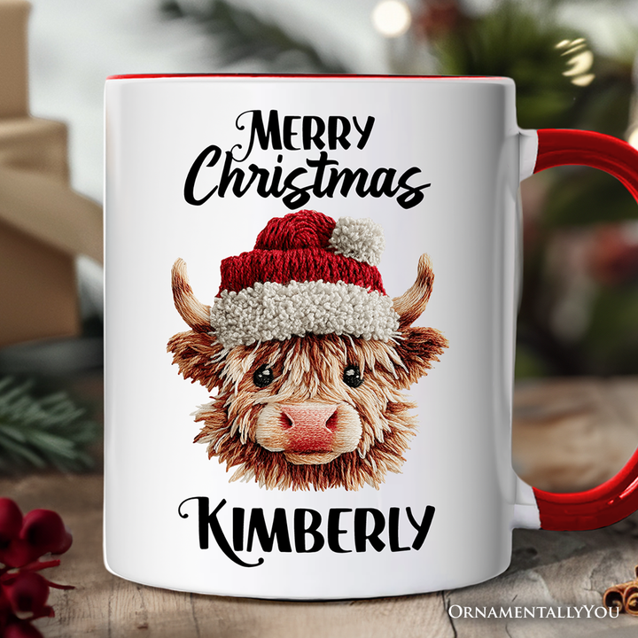 Highland Cow Santa Hat Christmas Personalized Mug, Imitation Latch Hook Yarn Cozy Gift with Custom Name
