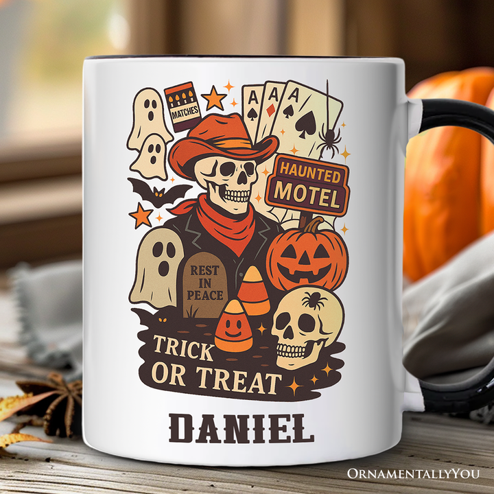 Western Halloween Skeleton Personalized Mug, Haunted Motel Trick or Treat Gift with Custom Name