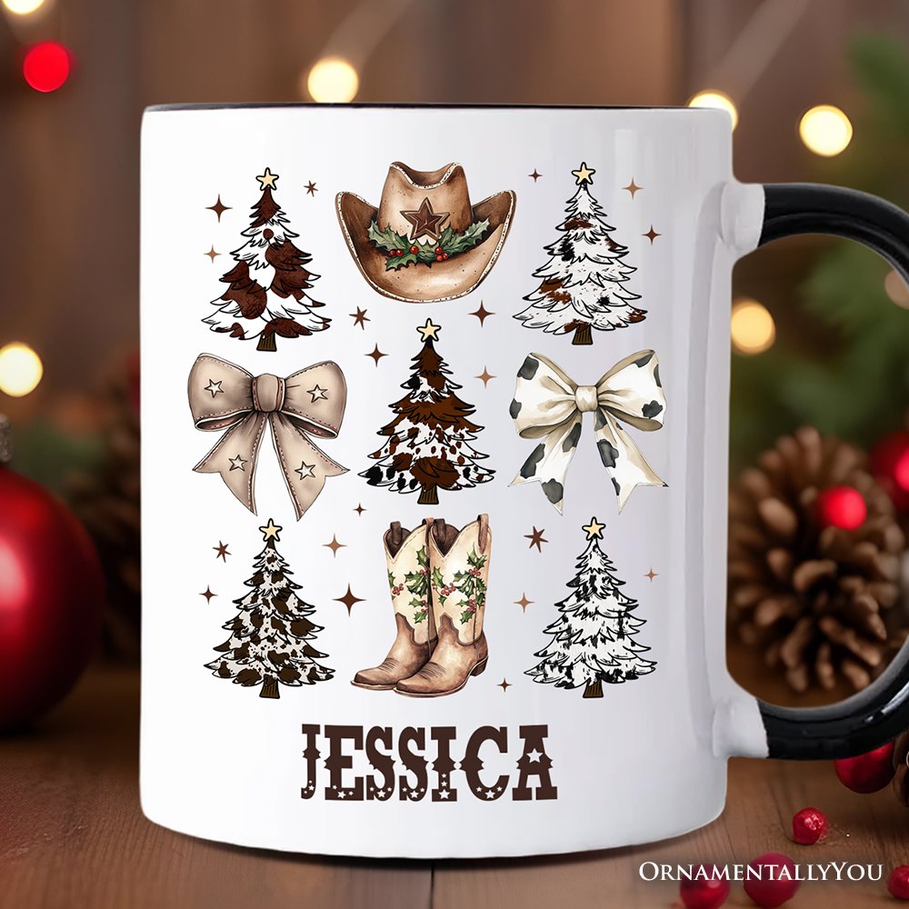 Western Christmas Coquette Tree Personalized Mug, Country Holiday Cowboy Gift with Custom Name Personalized Ceramic Mug OrnamentallyYou White - Black Customized 