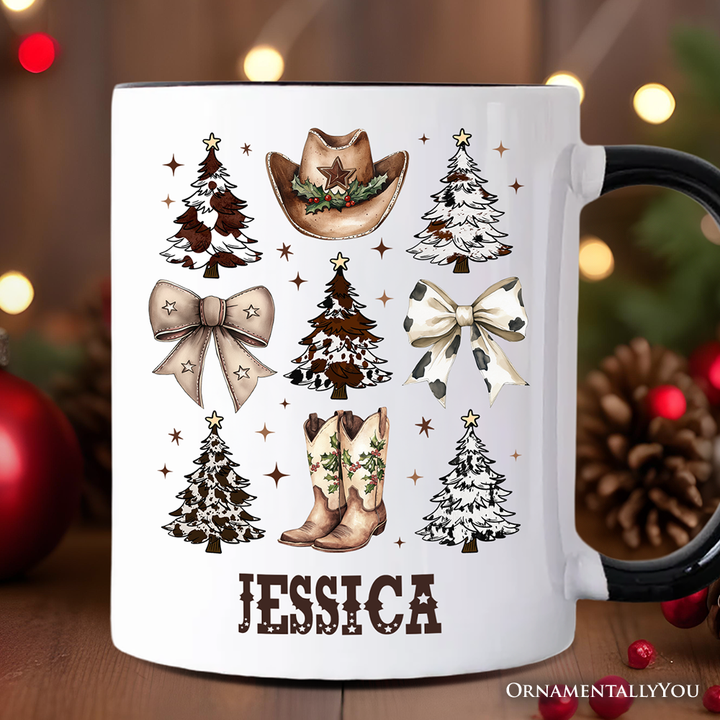Western Christmas Coquette Tree Personalized Mug, Country Holiday Cowboy Gift with Custom Name