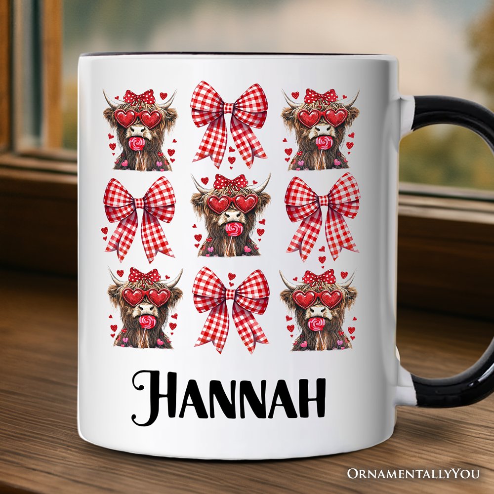 Highland Cow Coquette Bow Valentine Personalized Mug, Cute Hearts Western Gift with Custom Name Personalized Ceramic Mug OrnamentallyYou White - Black Customized 