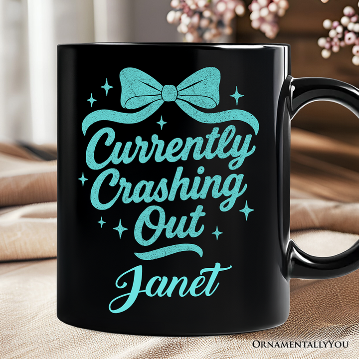 Girly Retro Bow Personalized Mug, Currently Crashing Out Sassy Quote Gift with Custom Name