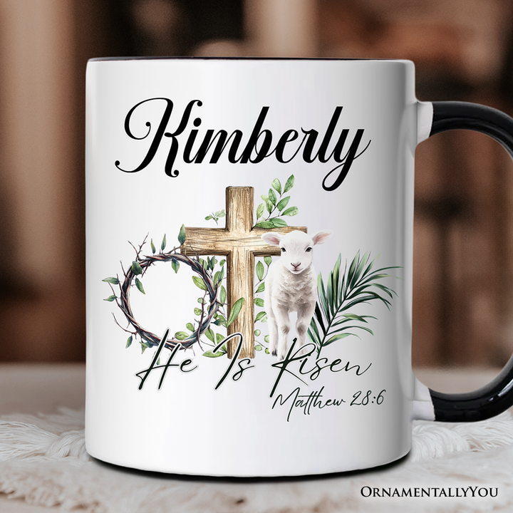 He Is Risen Lamb Cross Christian Easter Personalized Mug, Bible Verse Matthew 28:6 Gift with Custom Name