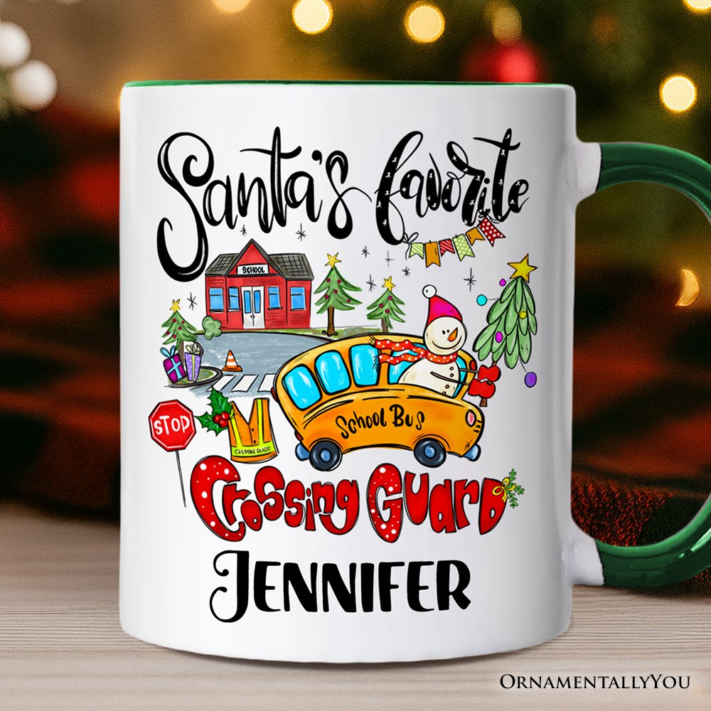 Santa's Favorite Crossing Guard Personalized Mug, School Patrol Appreciation Gift with Custom Name Personalized Ceramic Mug OrnamentallyYou Green Handle Customized 