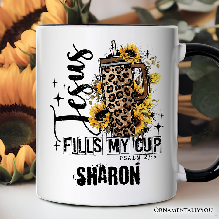 Jesus Fills My Cup Christian Personalized Mug, Leopard Print Coffee Gift with Custom Name