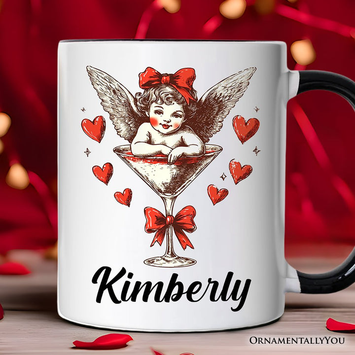 Retro Coquette Cupid Valentine Personalized Mug, Galentine Gift with Custom Name Personalized Ceramic Mug OrnamentallyYou Black Handle Customized 