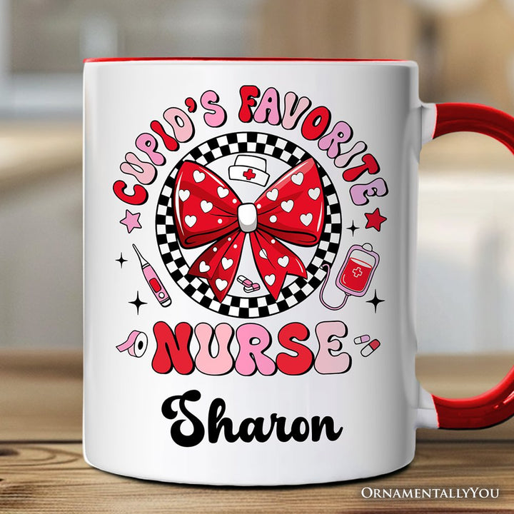 Cupid's Favorite Nurse Coquette Bow Personalized Mug, Cute Valentine Nurse Gift with Custom Name Personalized Ceramic Mug OrnamentallyYou White - Red Customized 