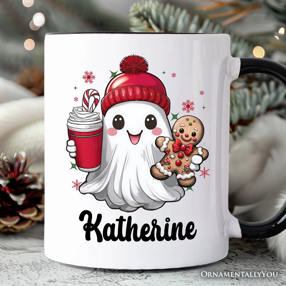 Cute Ghost Christmas Personalized Mug, Adorable Gingerbread and Cocoa Holiday Gift with Custom Name Personalized Ceramic Mug OrnamentallyYou White - Black Customized 