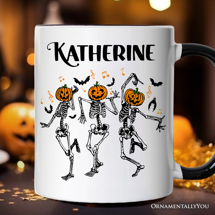 Dancing Skeletons with Pumpkin Head Personalized Mug, Dry Bones Come Alive Halloween Fun Gift with Custom Name