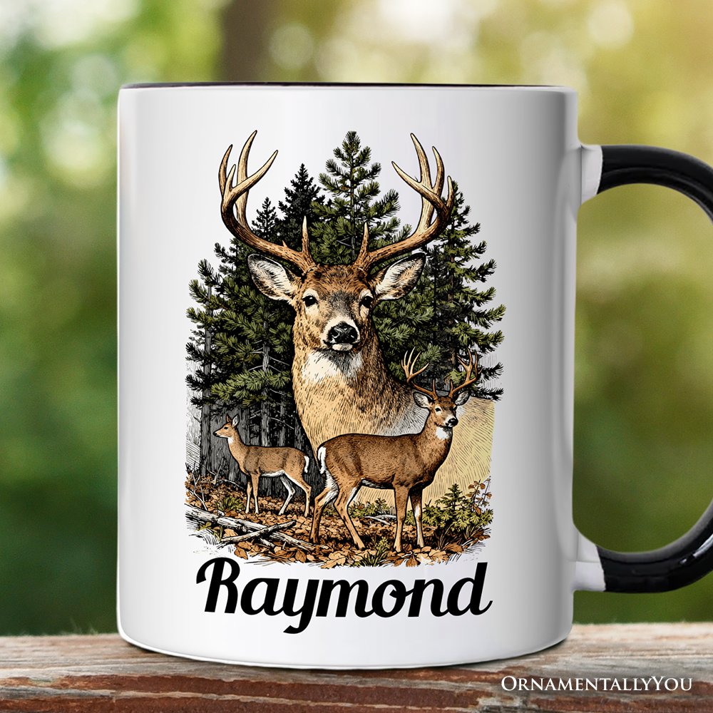 Forest Deers Vintage Grunge Personalized Mug, Retro Hunter Gift with Custom Name Personalized Ceramic Mug OrnamentallyYou Black Handle Customized 