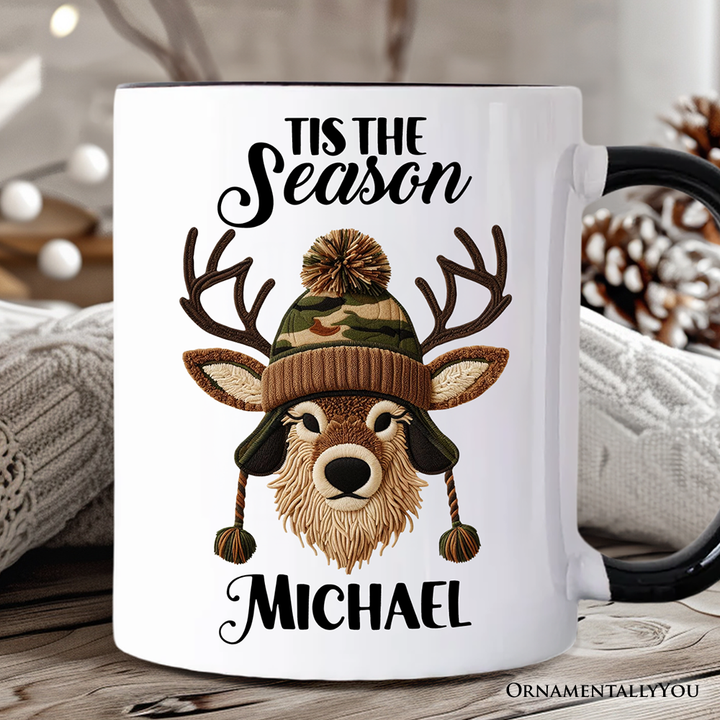 Deer Head Camo Hat Christmas Personalized Mug, Imitation Latch Hook Yarn Cozy Hunting Season Gift with Custom Name