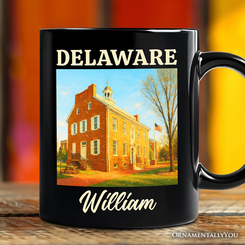 Historic Delaware Old State House Personalized Mug, Colonial Landmark Gift and Mid-Atlantic Souvenir with Custom Name Personalized Ceramic Mug OrnamentallyYou Black Customized 