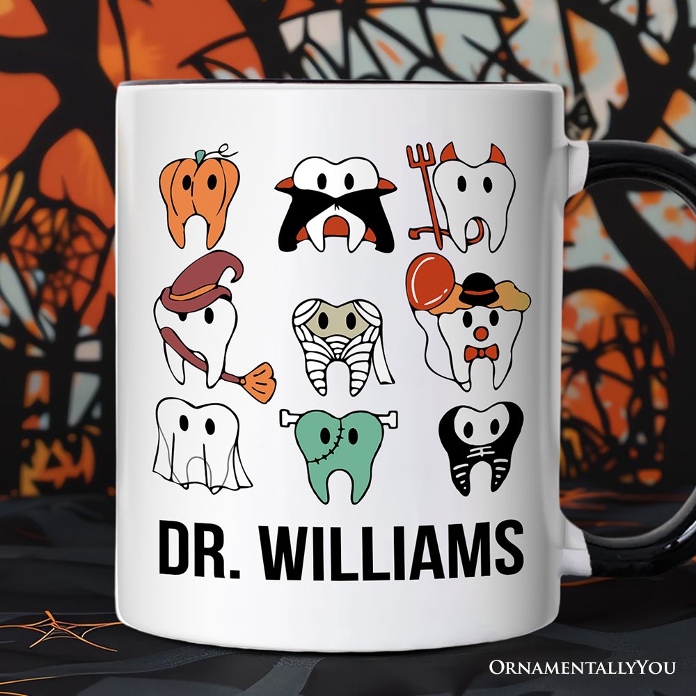 Spooky Halloween Dentist Personalized Mug, Teeth Monster Gift for Dental Crew with Custom Name Personalized Ceramic Mug OrnamentallyYou White - Black Customized 