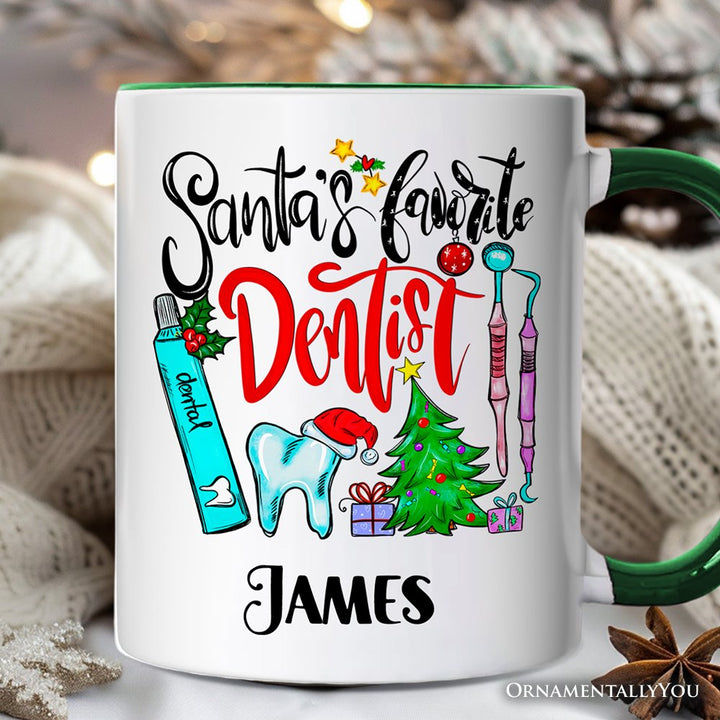 Santa’s Favorite Dentist Christmas Personalized Mug, Dental Healthcare Appreciation Gift with Custom Name Personalized Ceramic Mug OrnamentallyYou White - Green Customized 
