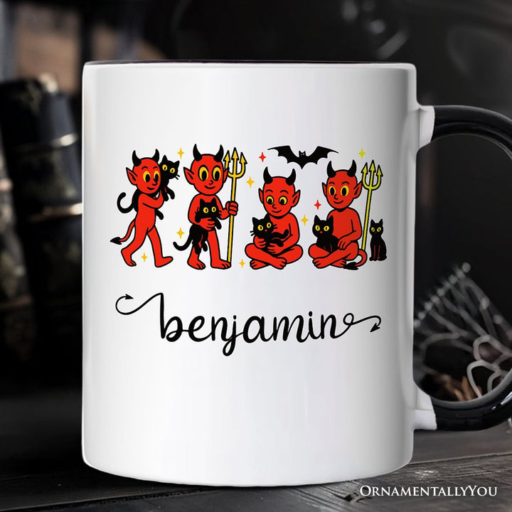 Cute Red Devils and Cats Personalized Mug, Vintage Halloween Gift with Custom Name Personalized Ceramic Mug OrnamentallyYou White - Black Customized 