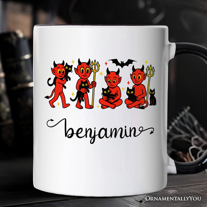 Cute Red Devils and Cats Personalized Mug, Vintage Halloween Gift with Custom Name