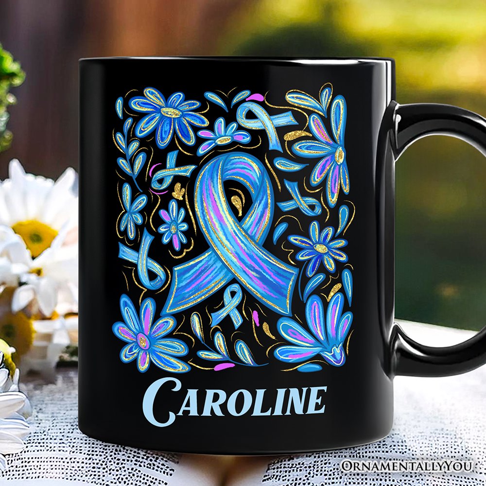 Diabetes Blue Ribbon Floral Personalized Mug, Awareness Support Gift with Custom Name Personalized Ceramic Mug OrnamentallyYou Black Customized 