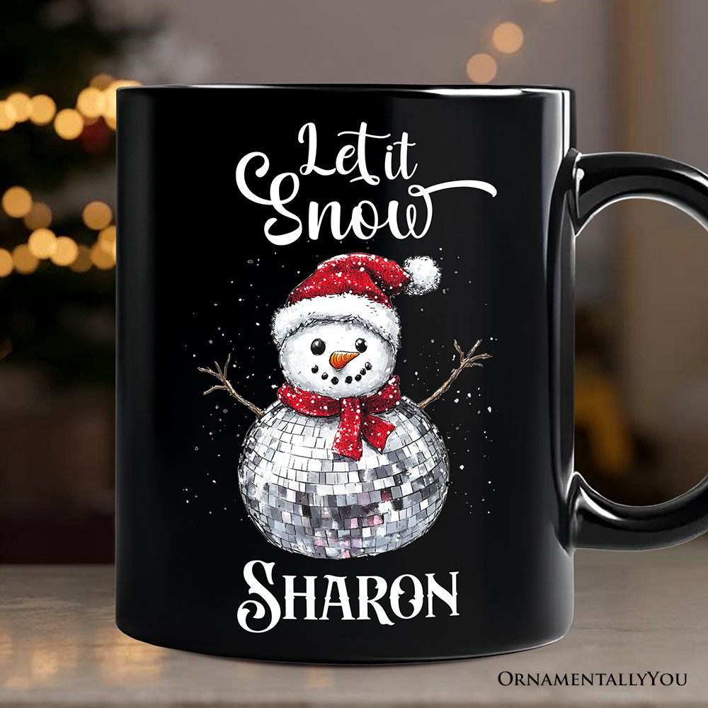 Disco Snowman Christmas Personalized Mug, Retro Holiday Gift with Custom Name for Dancers Personalized Ceramic Mug OrnamentallyYou Black Customized 