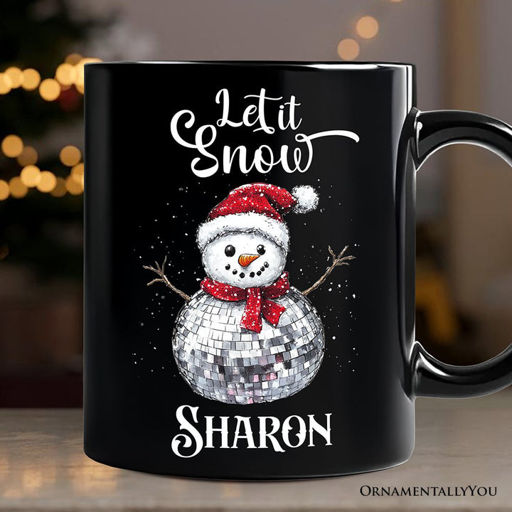 Disco Snowman Christmas Personalized Mug, Retro Holiday Gift with Custom Name for Dancers Personalized Ceramic Mug OrnamentallyYou Black Customized 