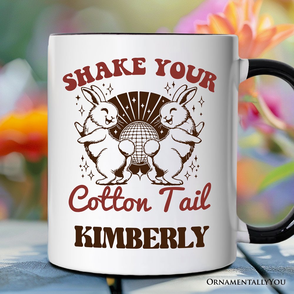 Funny Disco Easter Bunny Personalized Mug, Shake Your Cotton Tail Retro Gift with Custom Name Personalized Ceramic Mug OrnamentallyYou Black Handle Customized 