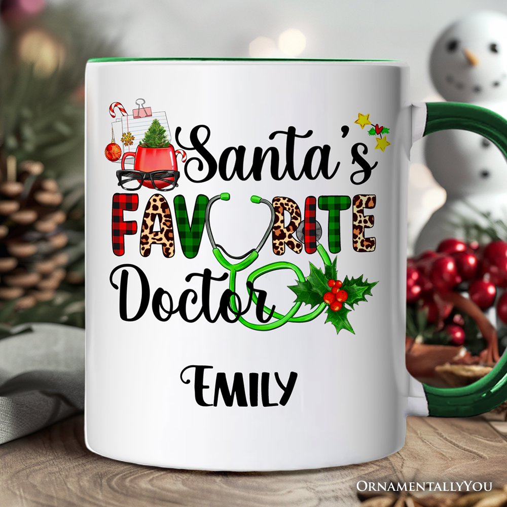 Santa’s Favorite Doctor Christmas Personalized Mug, Appreciation Gift for Medical Worker with Custom Name Personalized Ceramic Mug OrnamentallyYou White - Green Customized 