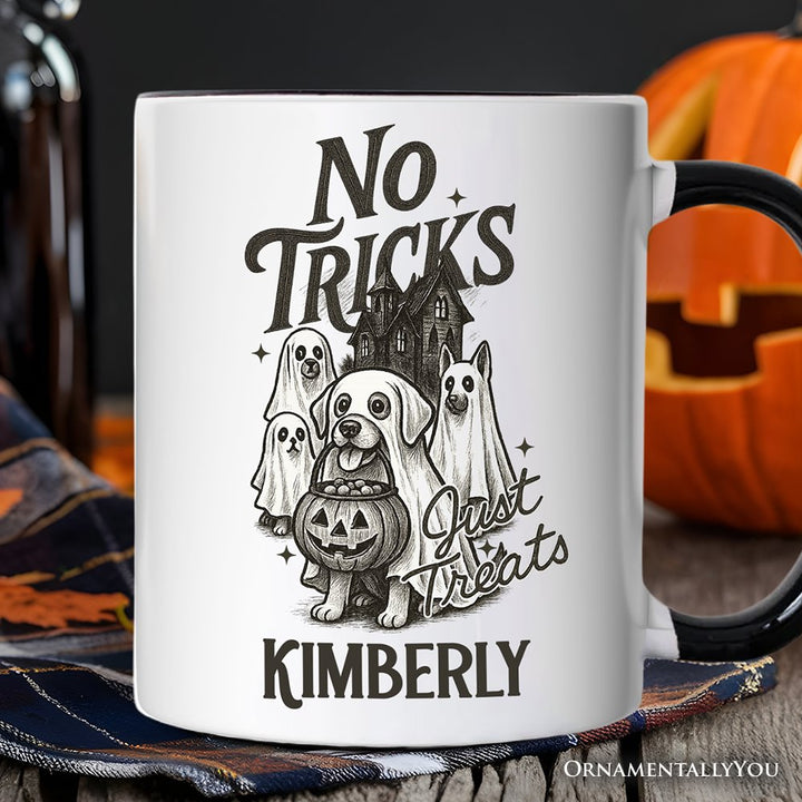 No Tricks Just Treats Dog Personalized Mug, Funny Halloween Puppy Gift with Spooky Vibes and Custom Name Personalized Ceramic Mug OrnamentallyYou White - Black Customized 