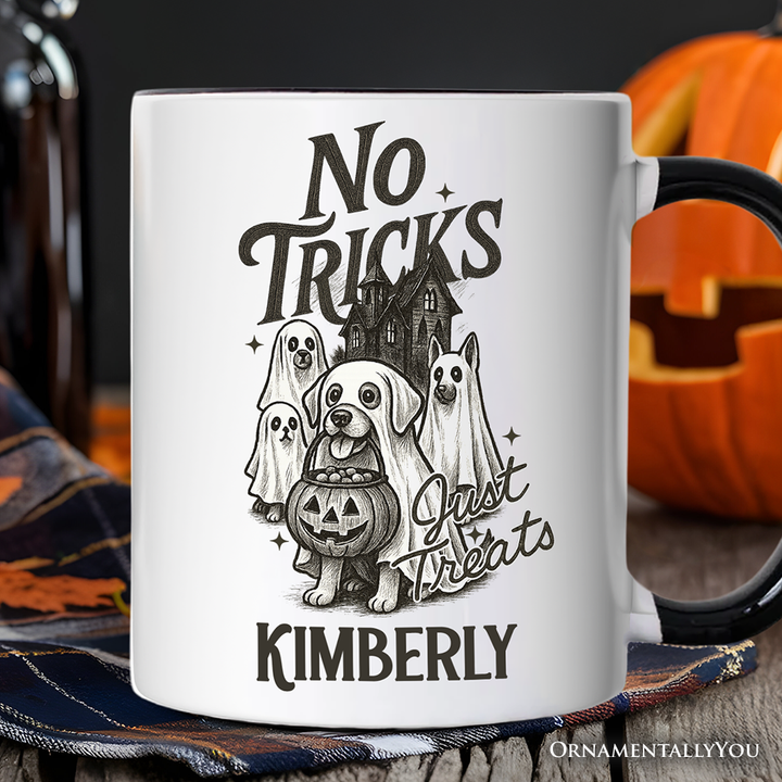 No Tricks Just Treats Dog Personalized Mug, Funny Halloween Puppy Gift with Spooky Vibes and Custom Name
