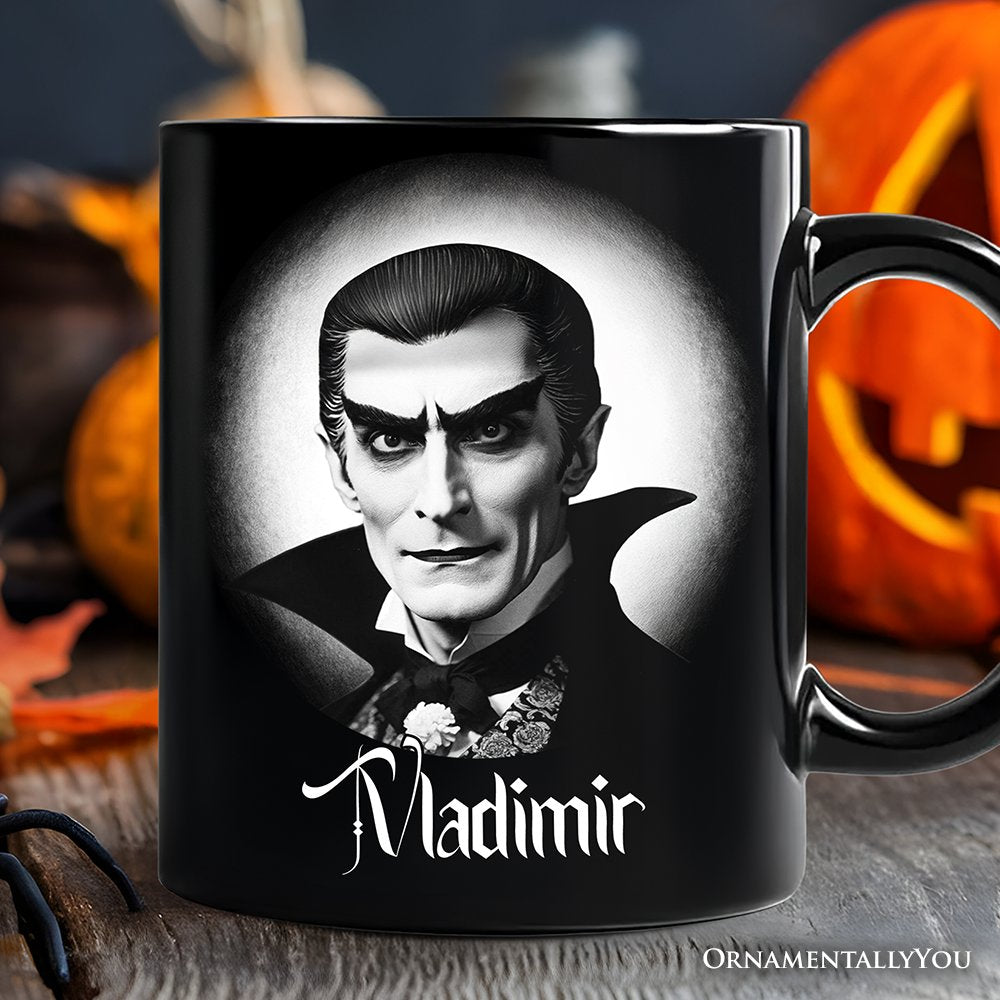 Dracula Spooky Portrait Personalized Mug Horror Villain Theme Halloween Gift with Custom Name Personalized Ceramic Mug OrnamentallyYou Black Customized 