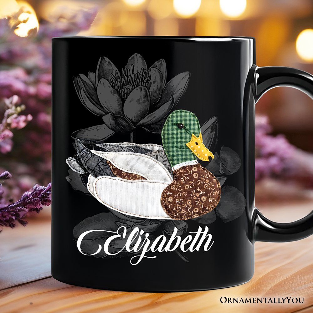 Mallard Duck Printed Faux Patchwork Personalized Mug, Hunting Wife Outdoors Gift with Custom Name Personalized Ceramic Mug OrnamentallyYou Black Customized 