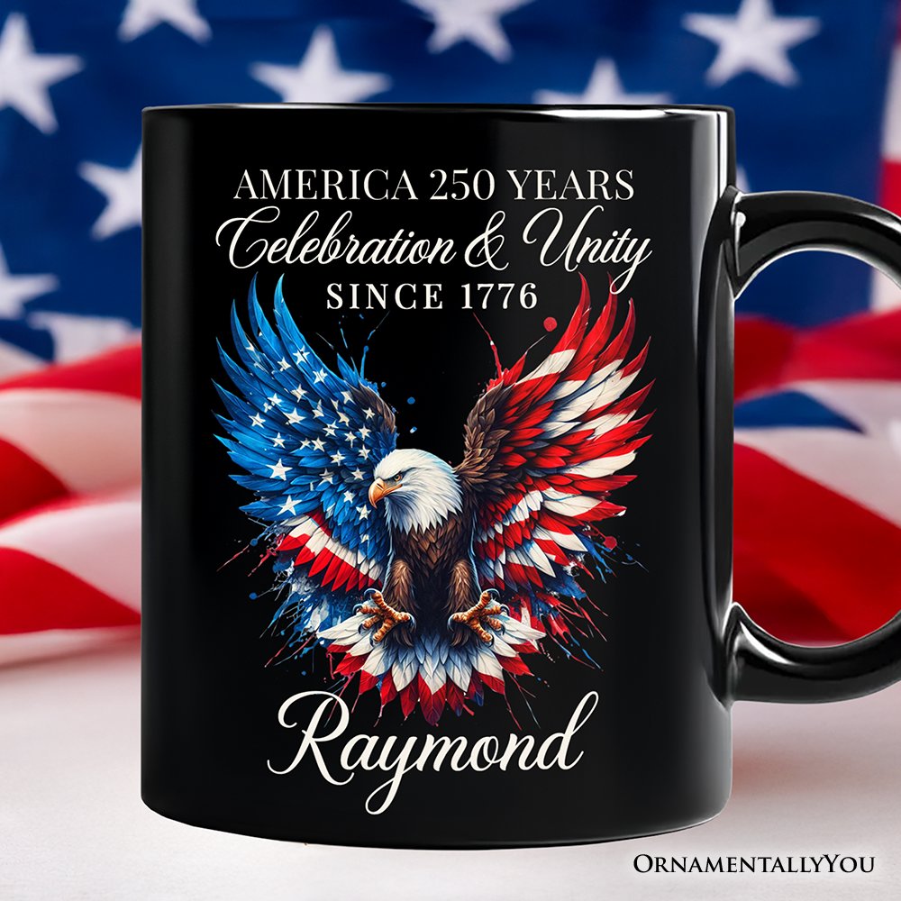 Bald Eagle American Flag Personalized Mug, Patriotic Freedom Gift with Custom Name Personalized Ceramic Mug OrnamentallyYou Black Customized 