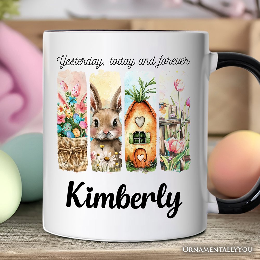 Easter Bunny Floral Brushstroke Personalized Mug, Spring Pastel Coquette Gift with Custom Name Personalized Ceramic Mug OrnamentallyYou Black Handle Customized 