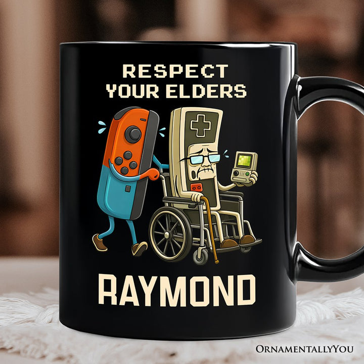 Respect Your Elders Gaming Controller Personalized Mug, Old School Gamer Humor Gift with Custom Name Personalized Ceramic Mug OrnamentallyYou Black Customized 