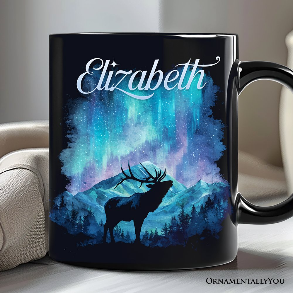 Majestic Aurora Elk Personalized Mug, Northern Lights Wilderness Stag Gift with Custom Name Personalized Ceramic Mug OrnamentallyYou Black Customized 