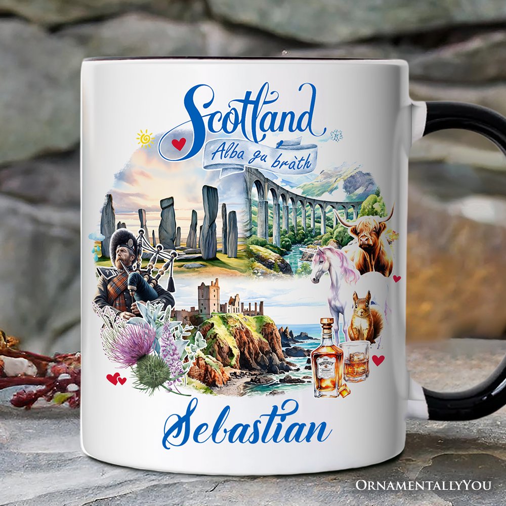 Enchanting Scotland Personalized Mug, Celtic Culture and Heritage Edinburgh Gift and Souvenir with Custom Name Personalized Ceramic Mug OrnamentallyYou White - Black Customized 