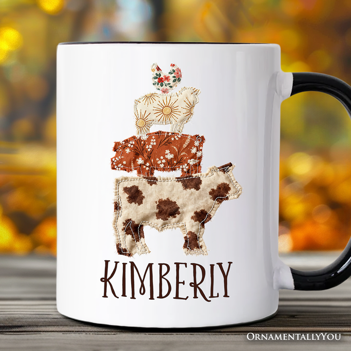 Western Farm Animals Printed Faux Patchwork Personalized Mug, Country Cow Pig Sheep Hen Gift with Custom Name