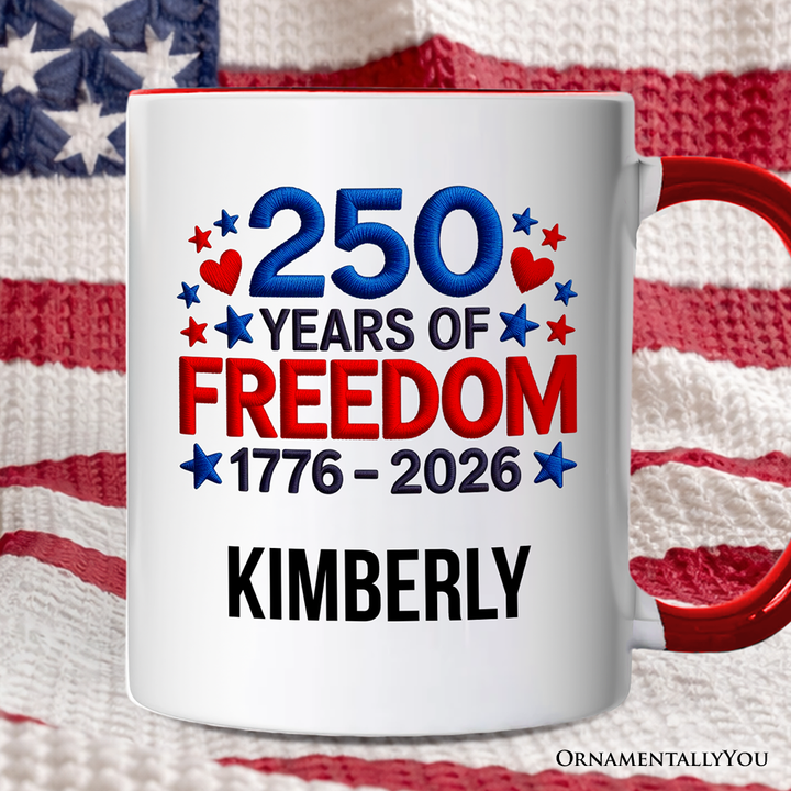 250 Years Freedom Faux Varsity Patch Personalized Mug, 4th of July USA Patriotic 1776–2026 Gift with Custom Name