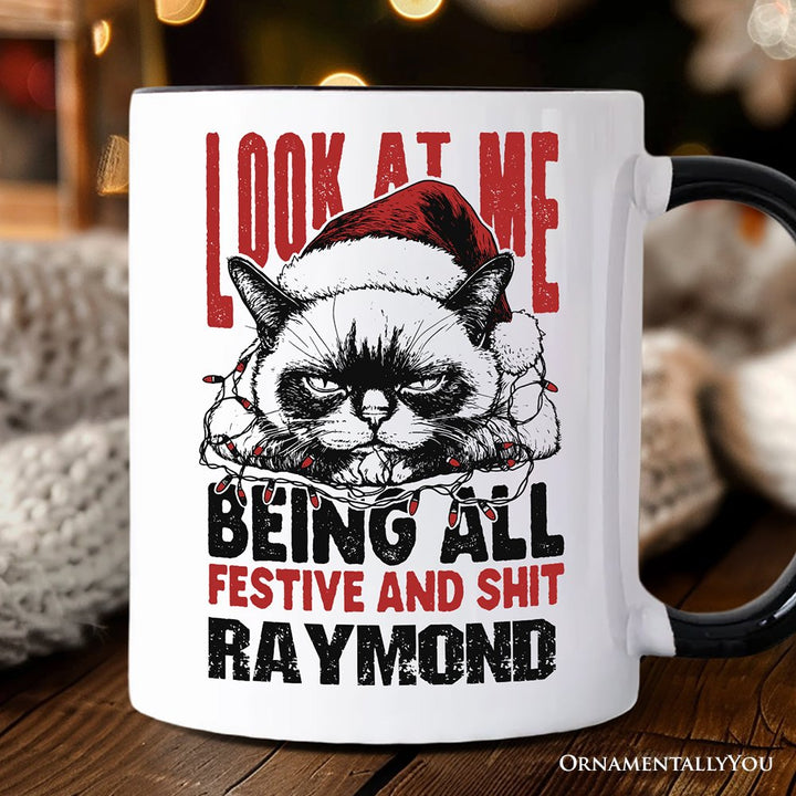 Grumpy Christmas Cat Personalized Mug, Funny Santa Hat Holiday Lights Gift for Sarcastic Festive People with Custom Name Personalized Ceramic Mug OrnamentallyYou White - Black Customized 