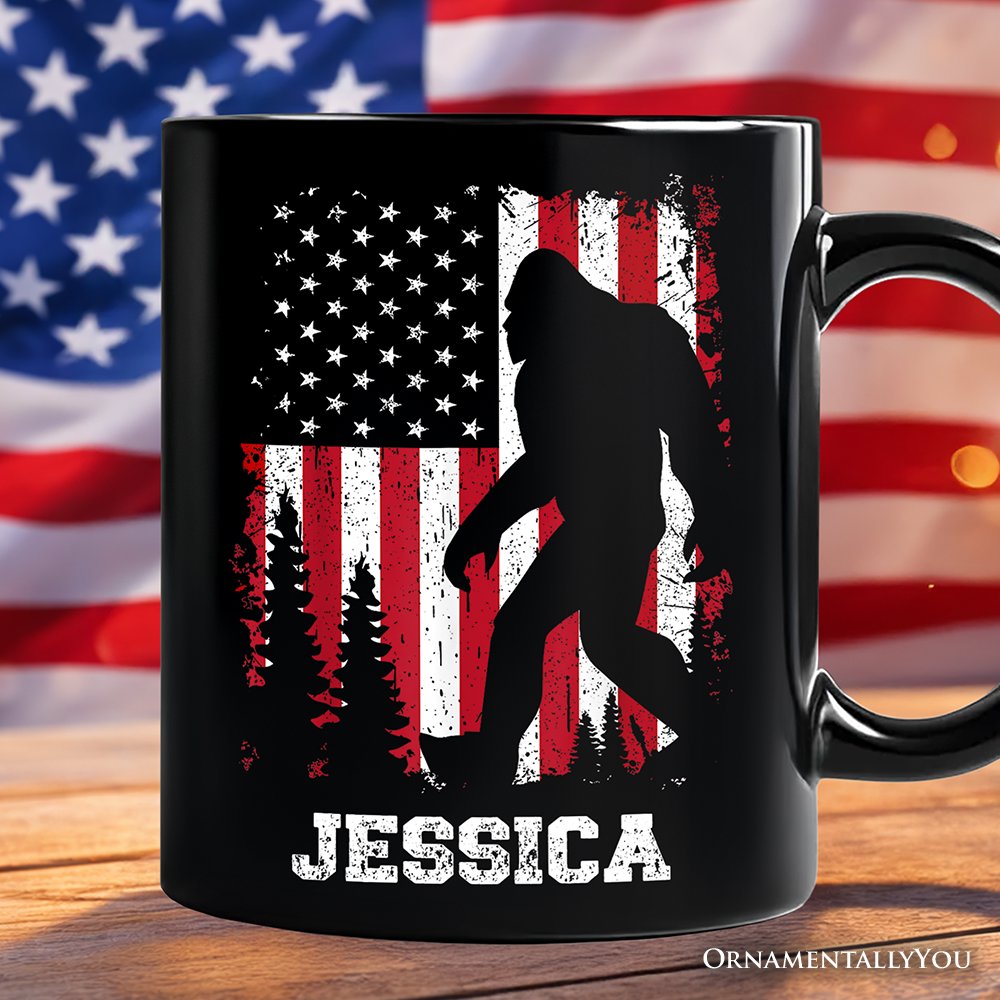 Bigfoot American Flag Personalized Mug, Patriotic Sasquatch Gift with Custom Name Personalized Ceramic Mug OrnamentallyYou Black Customized 